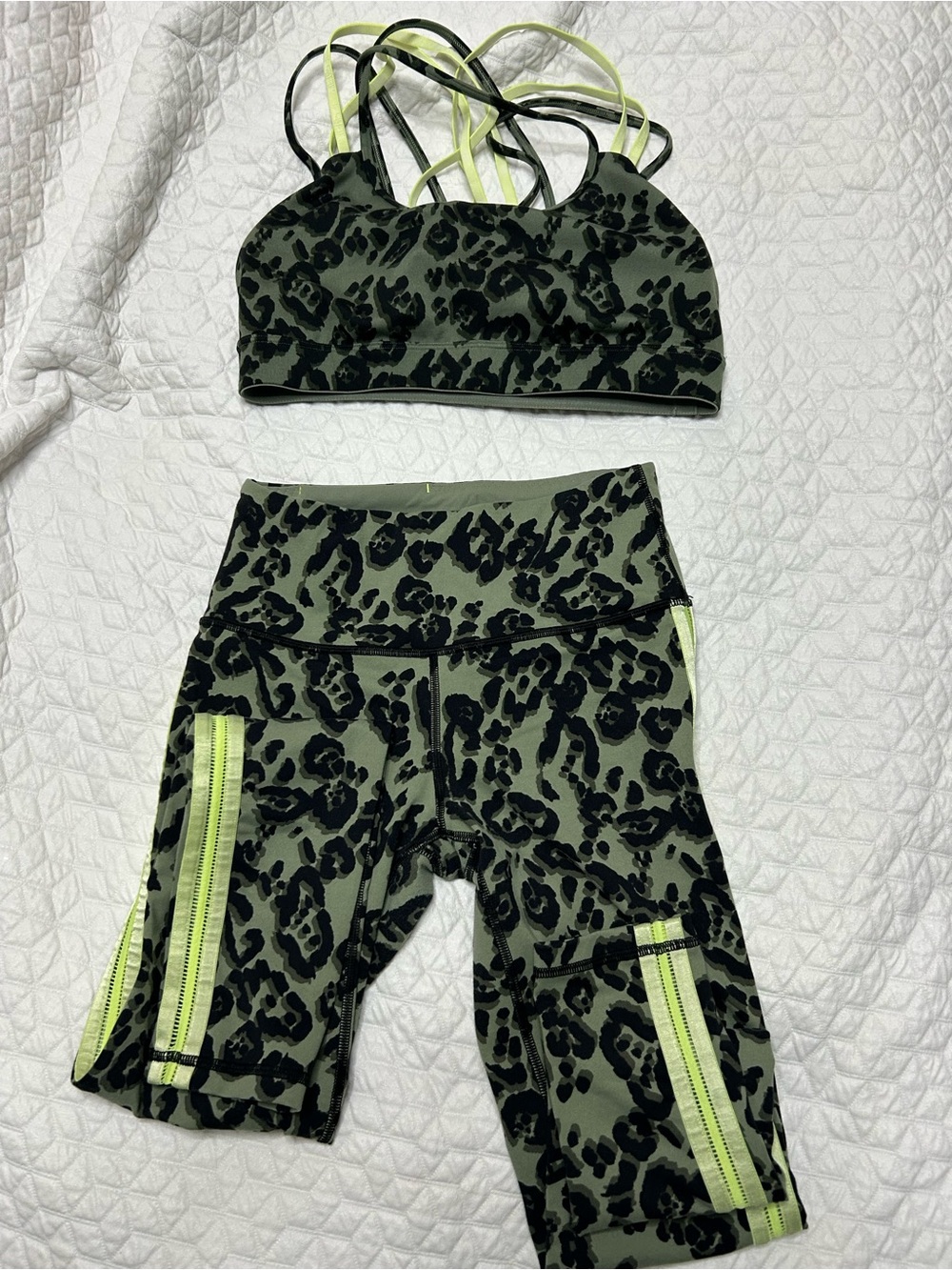 Victoria's Secret Olive Leopard Leggings with Neon Yellow Stripe